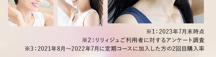 ※1：2023年7月末時点 ※2：リリィジュご利用者に対するアンケート調査 ※3：2021年8月～2022年7月に定期コースに加入した方の2回目購入率