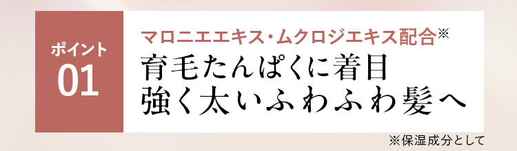 ポイント01 マロニエエキス・ムクロジエキス配合※ 育毛たんぱくに着目強く太いふわふわ髪へ ※保湿成分として