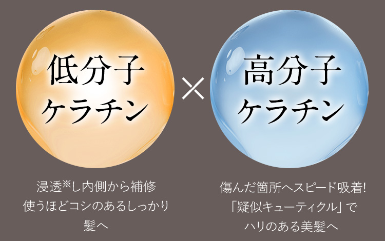 低分子ケラチン 浸透※し内側から補修使うほどコシのあるしっかり髪へ × 高分子ケラチン 傷んだ箇所へスピード吸着!「疑似キューティクル」でハリのある美髪へ