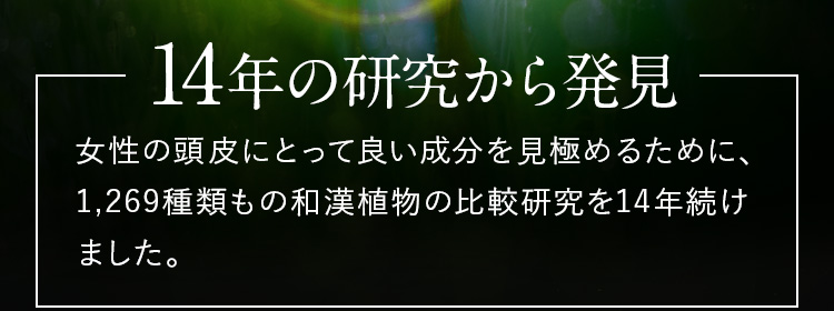 14年の研究から発見 女性の頭皮にとって良い成分を見極めるために、1,296種類もの和漢植物の比較研究を14年続けました。