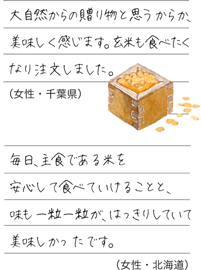 大自然からの贈り物と思うからか、美味しく感じます。玄米も食べたくなり注文しました。毎日、主食である米を安心して食べていけることと、味も一粒一粒が、はっきりしていて美味しかったです。